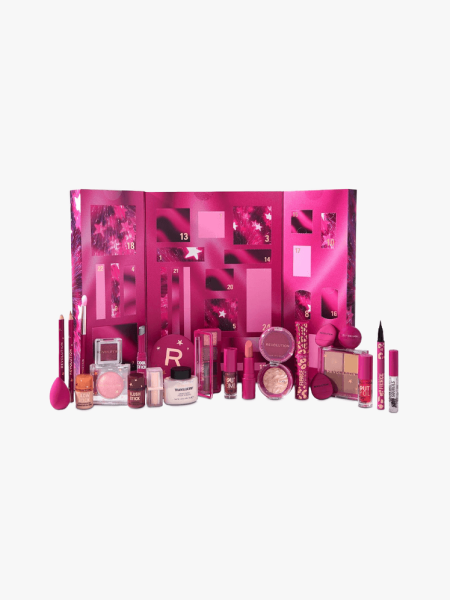 Revolution Beauty Makeup Sparkle Advent Calendar in multiple branded components on a light gray background