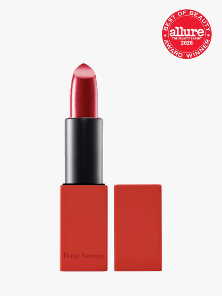 Hung Vanngo Creamy Matte Longwear Lipstick in New York Red in branded component on a light gray background with best of beauty 2026 seal in the top right corner