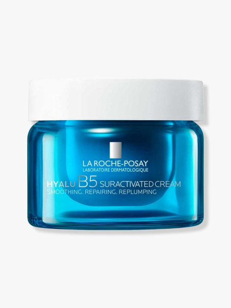 La Roche-Posay Hyalu B5 Suractivated Cream blue jar with white lid on light gray background