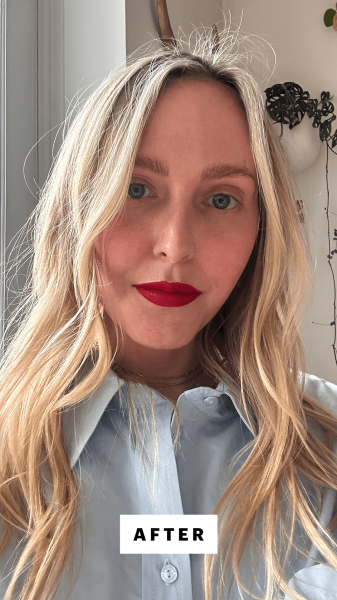 Allure associate beauty director Sarah Kinonen after applying the Poundcake Cake Batter Liquid Lipstick in Red Velvet